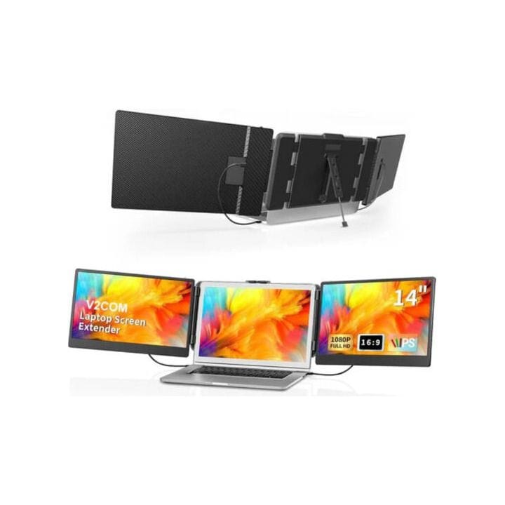 V2COM S2 14″ Triple Laptop Screen Extender – Full HD 1080p IPS Display, Multi-Screen Productivity, Portable Plug & Play | Black-S2