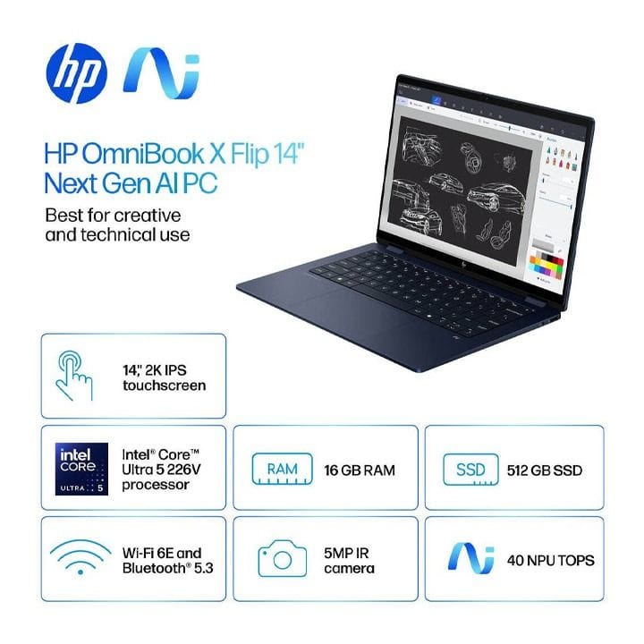 HP OmniBook X-Flip 14-FM0013DX 14" 2K Touch Laptop, Intel Core Ultra 5, 16GB RAM, 512GB SSD, Windows 11 - Atmospheric Blue – B5UJ1UA