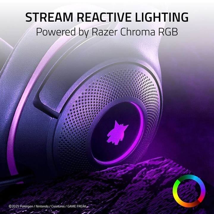 سماعة ألعاب سلكية USB ريزر كراكن كيتي V2 – إضاءة Chroma RGB مع آذان قطة، ميكروفون HyperClear قلبي الاتجاه، صوت محيطي 7.1 – إصدار بوكيمون جينجار | RZ04-04730300-R3M1