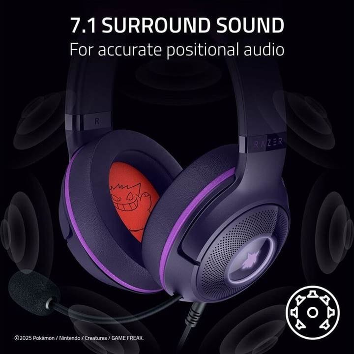سماعة ألعاب سلكية USB ريزر كراكن كيتي V2 – إضاءة Chroma RGB مع آذان قطة، ميكروفون HyperClear قلبي الاتجاه، صوت محيطي 7.1 – إصدار بوكيمون جينجار | RZ04-04730300-R3M1