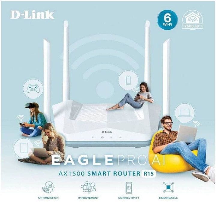 D-Link Eagle Pro AI AX1500 Smart Router – Wi-Fi 6, AI Traffic Optimizer, 1201Mbps (5GHz)/300Mbps (2.4GHz), WPA3 & MU-MIMO – White | R15