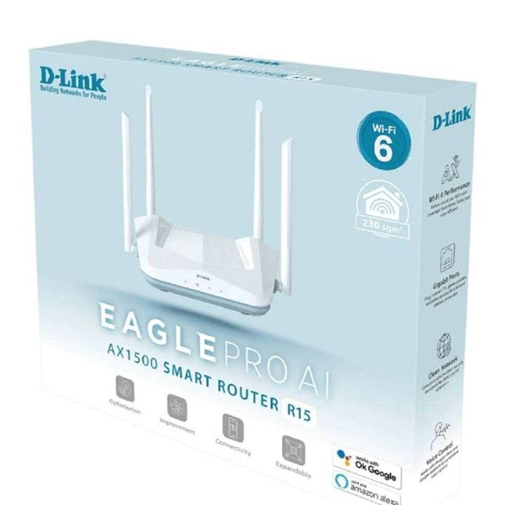 D-Link Eagle Pro AI AX1500 Smart Router – Wi-Fi 6, AI Traffic Optimizer, 1201Mbps (5GHz)/300Mbps (2.4GHz), WPA3 & MU-MIMO – White | R15