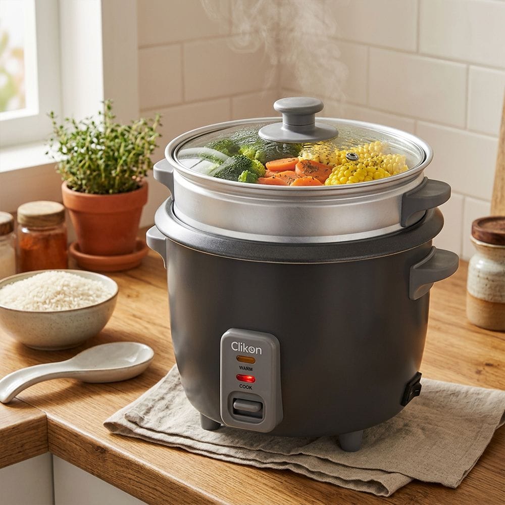 Clikon Rice Cooker & Steamer 1.8L 700W Non-Stick Inner Pot, Automatic Keep Warm Function, Glass Lid | Dark Grey/White - CK2733
