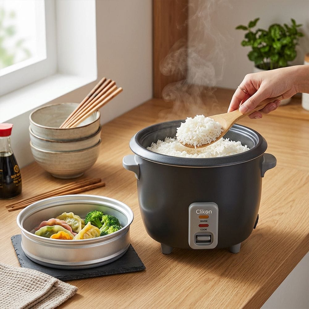 Clikon Rice Cooker & Steamer 1.8L 700W Non-Stick Inner Pot, Automatic Keep Warm Function, Glass Lid | Dark Grey/White - CK2733