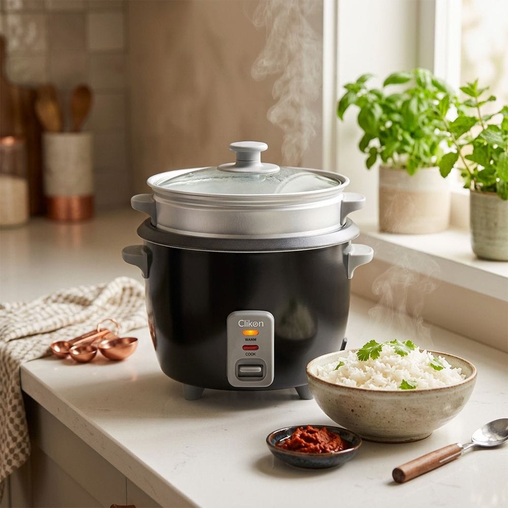 Clikon Rice Cooker & Steamer 1.8L 700W Non-Stick Inner Pot, Automatic Keep Warm Function, Glass Lid | Dark Grey/White - CK2733