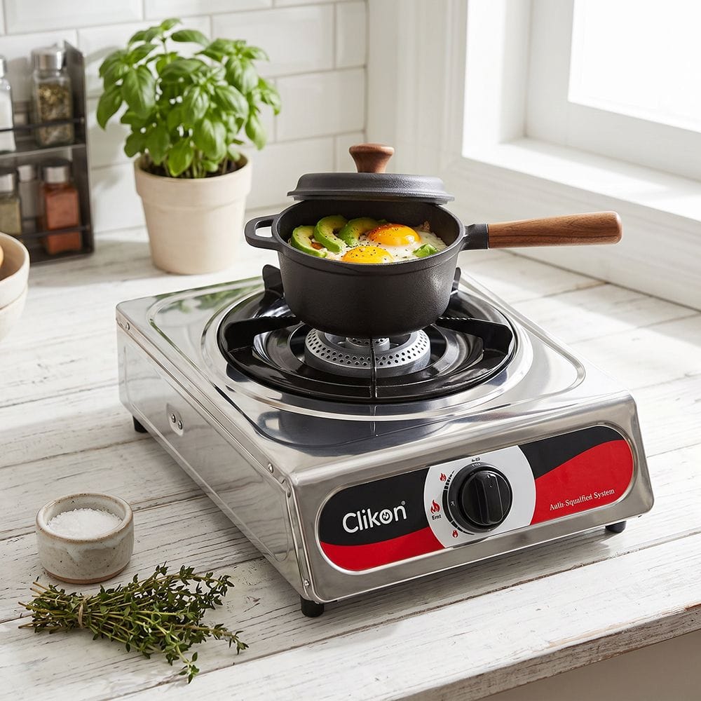 Clikon Single Burner Gas Stove Stainless Steel Body, Compact Table Top Design, Durable Pan Support | Silver/Black - CK4501
