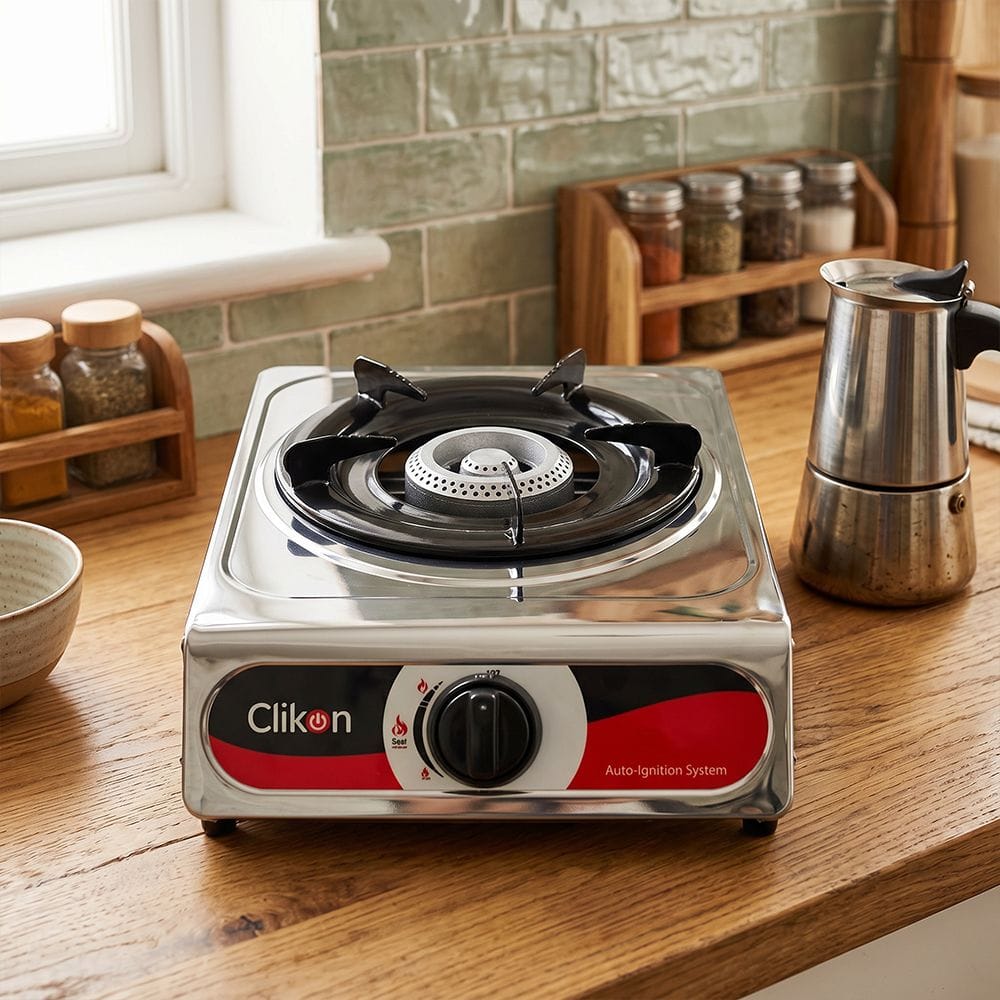 Clikon Single Burner Gas Stove Stainless Steel Body, Compact Table Top Design, Durable Pan Support | Silver/Black - CK4501