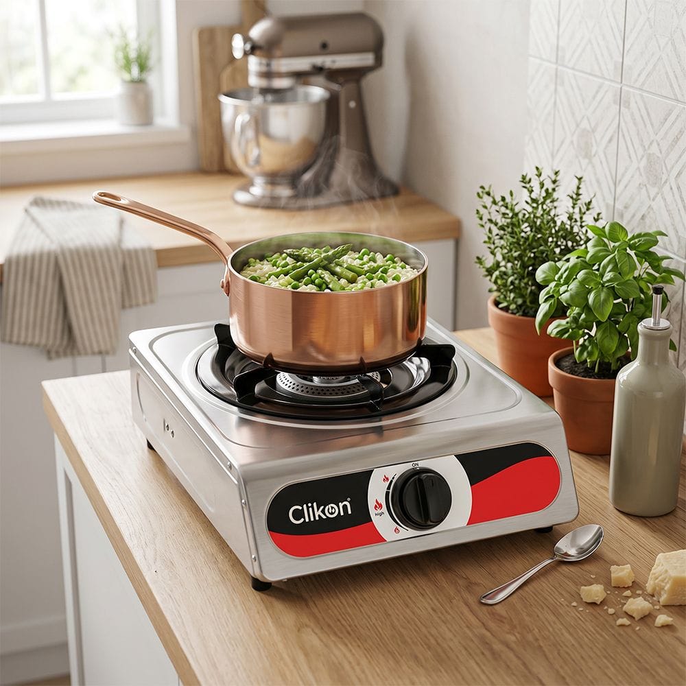 Clikon Single Burner Gas Stove Stainless Steel Body, Compact Table Top Design, Durable Pan Support | Silver/Black - CK4501