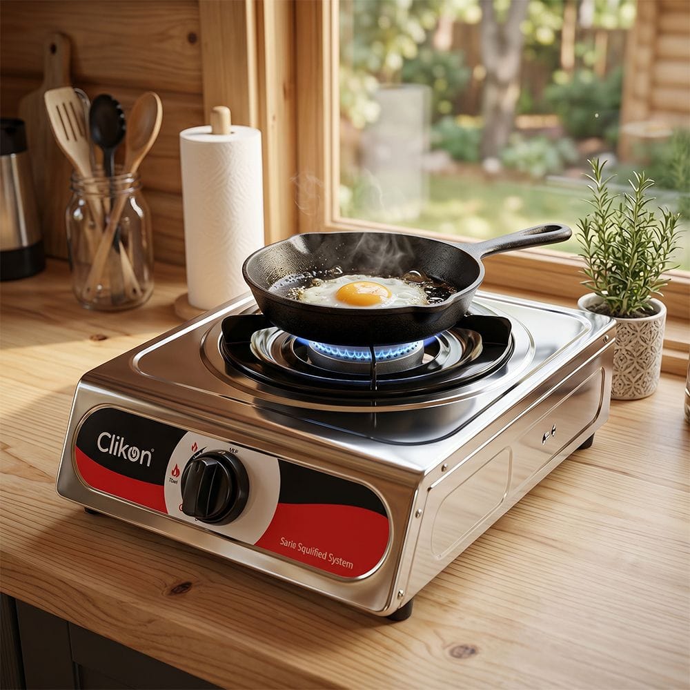Clikon Single Burner Gas Stove Stainless Steel Body, Compact Table Top Design, Durable Pan Support | Silver/Black - CK4501