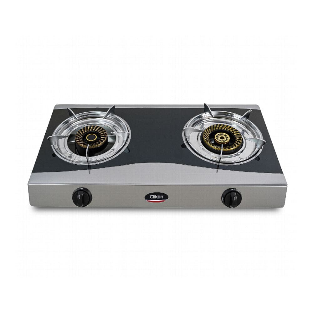 Clikon 2 Burner Table Top Gas Stove Stainless Steel Body, Manual Ignition, Durable Pan Support Design | Black - CK4503