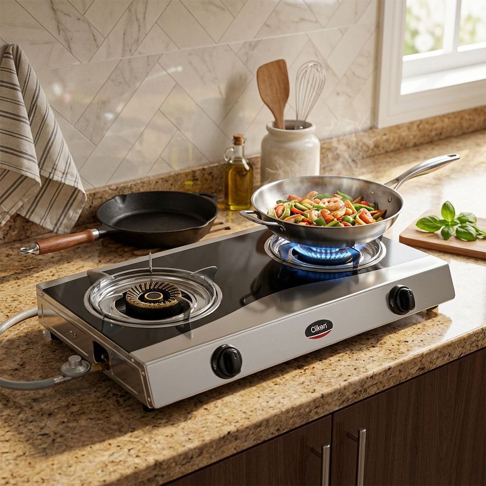 Clikon 2 Burner Table Top Gas Stove Stainless Steel Body, Manual Ignition, Durable Pan Support Design | Black - CK4503