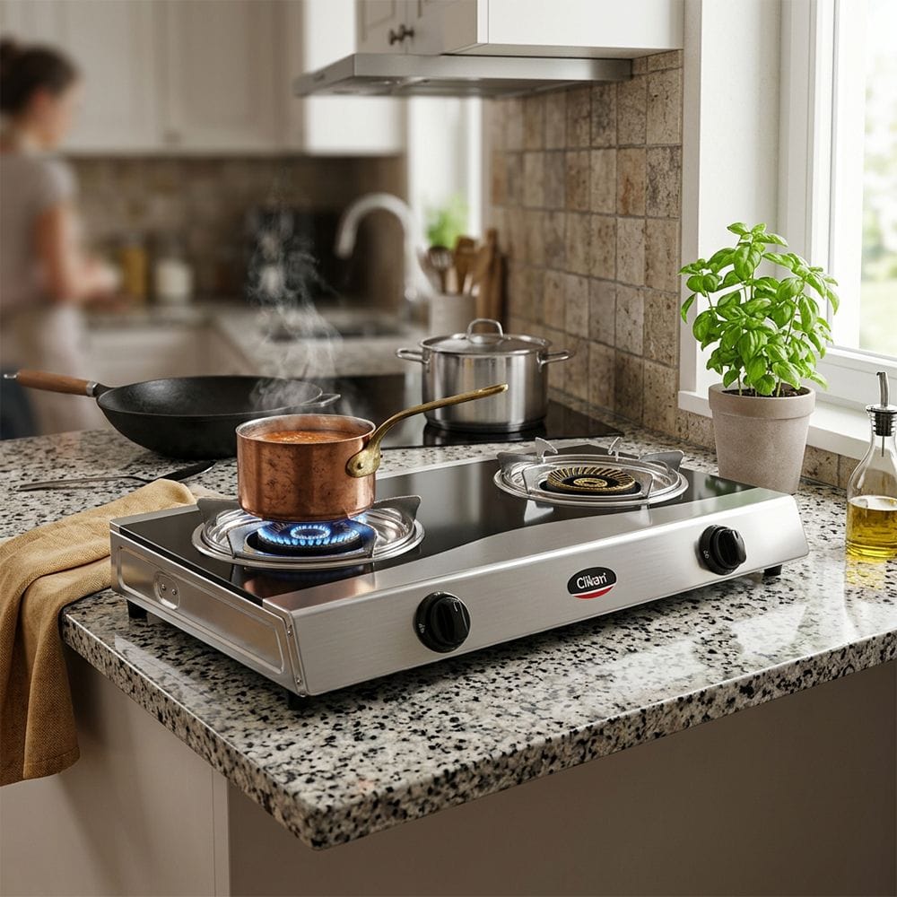 Clikon 2 Burner Table Top Gas Stove Stainless Steel Body, Manual Ignition, Durable Pan Support Design | Black - CK4503