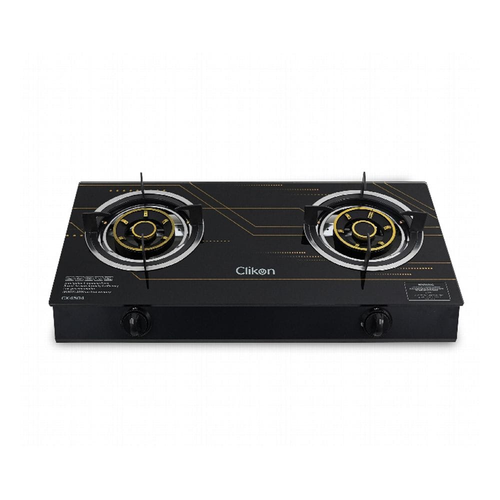 Clikon 2 Burner Table Top Gas Stove Toughened Glass Surface, Manual Ignition, Heavy Duty Pan Support | Black/Silver - CK4504