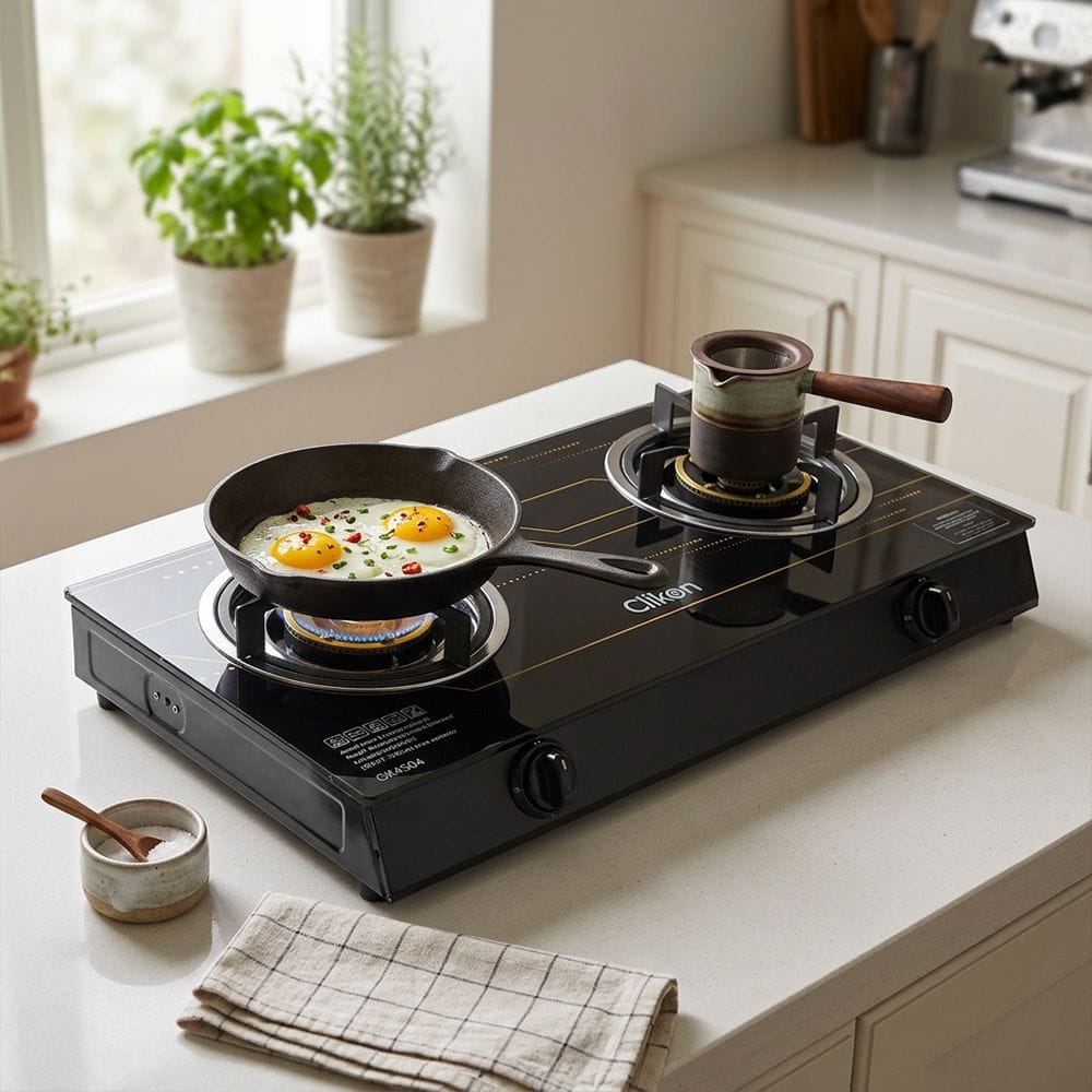 Clikon 2 Burner Table Top Gas Stove Toughened Glass Surface, Manual Ignition, Heavy Duty Pan Support | Black/Silver - CK4504