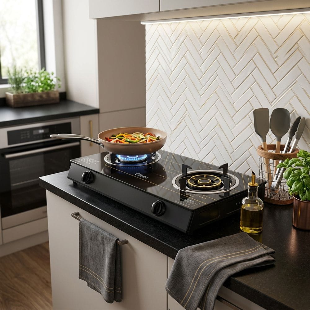 Clikon 2 Burner Table Top Gas Stove Toughened Glass Surface, Manual Ignition, Heavy Duty Pan Support | Black/Silver - CK4504