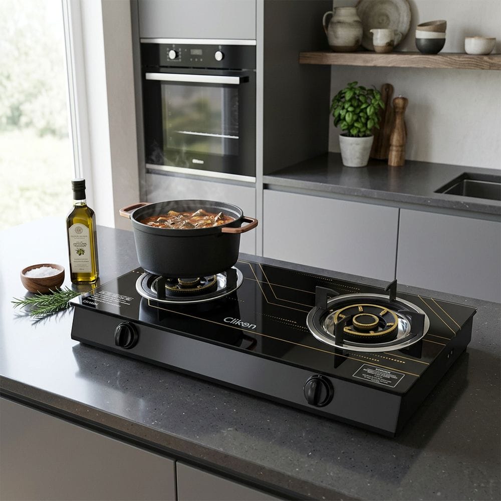 Clikon 2 Burner Table Top Gas Stove Toughened Glass Surface, Manual Ignition, Heavy Duty Pan Support | Black/Silver - CK4504