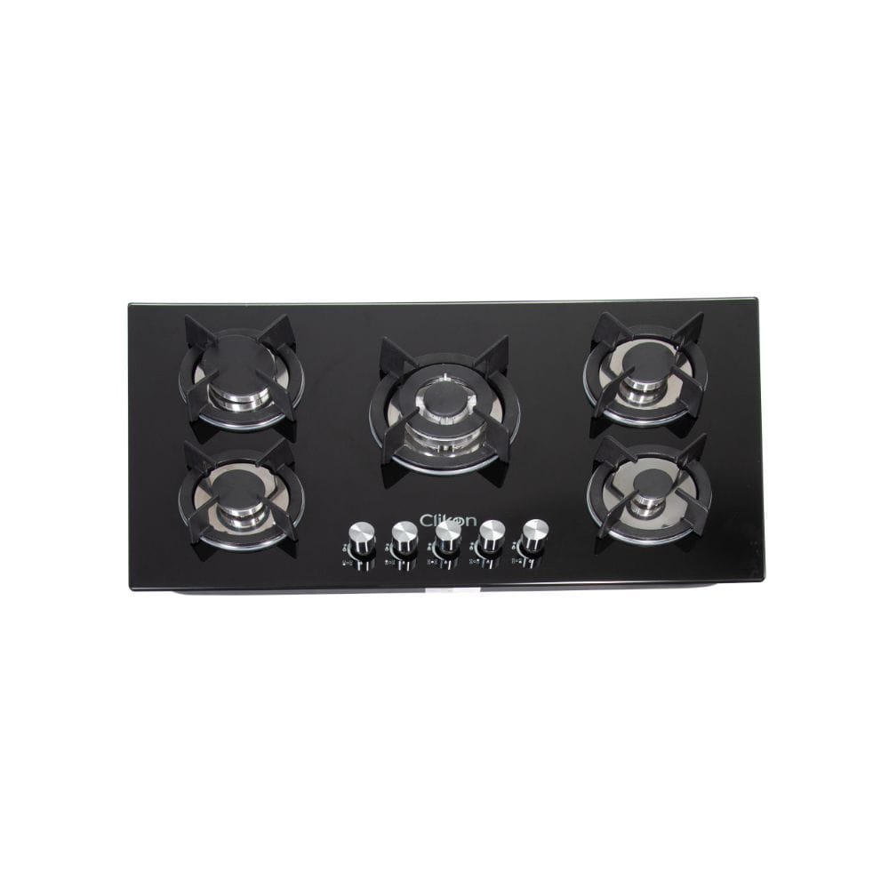 Clikon 5 Burner Gas Hob Stainless Steel Glass Top, Auto Ignition System, Heavy Duty Pan Support | Black/Silver - CK4297