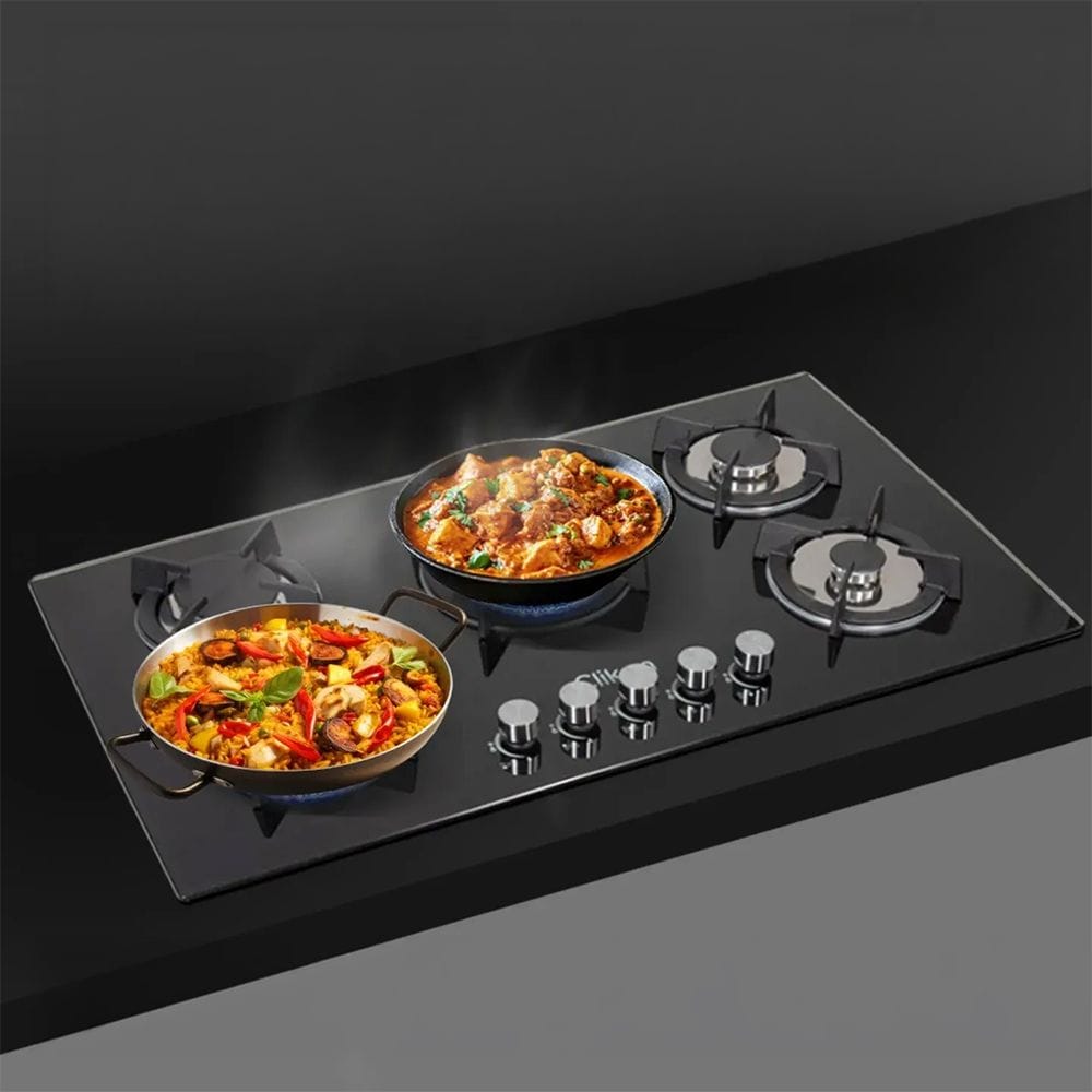 Clikon 5 Burner Gas Hob Stainless Steel Glass Top, Auto Ignition System, Heavy Duty Pan Support | Black/Silver - CK4297