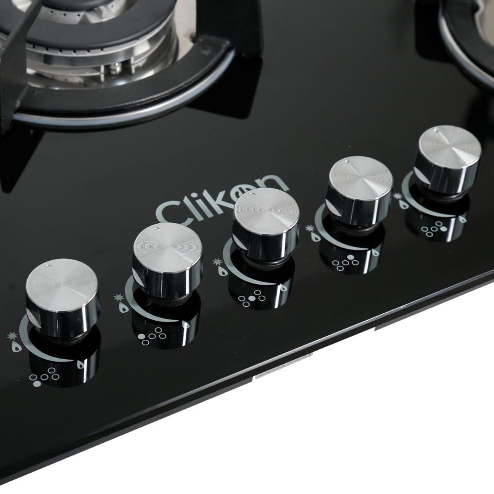 Clikon 5 Burner Gas Hob Stainless Steel Glass Top, Auto Ignition System, Heavy Duty Pan Support | Black/Silver - CK4297