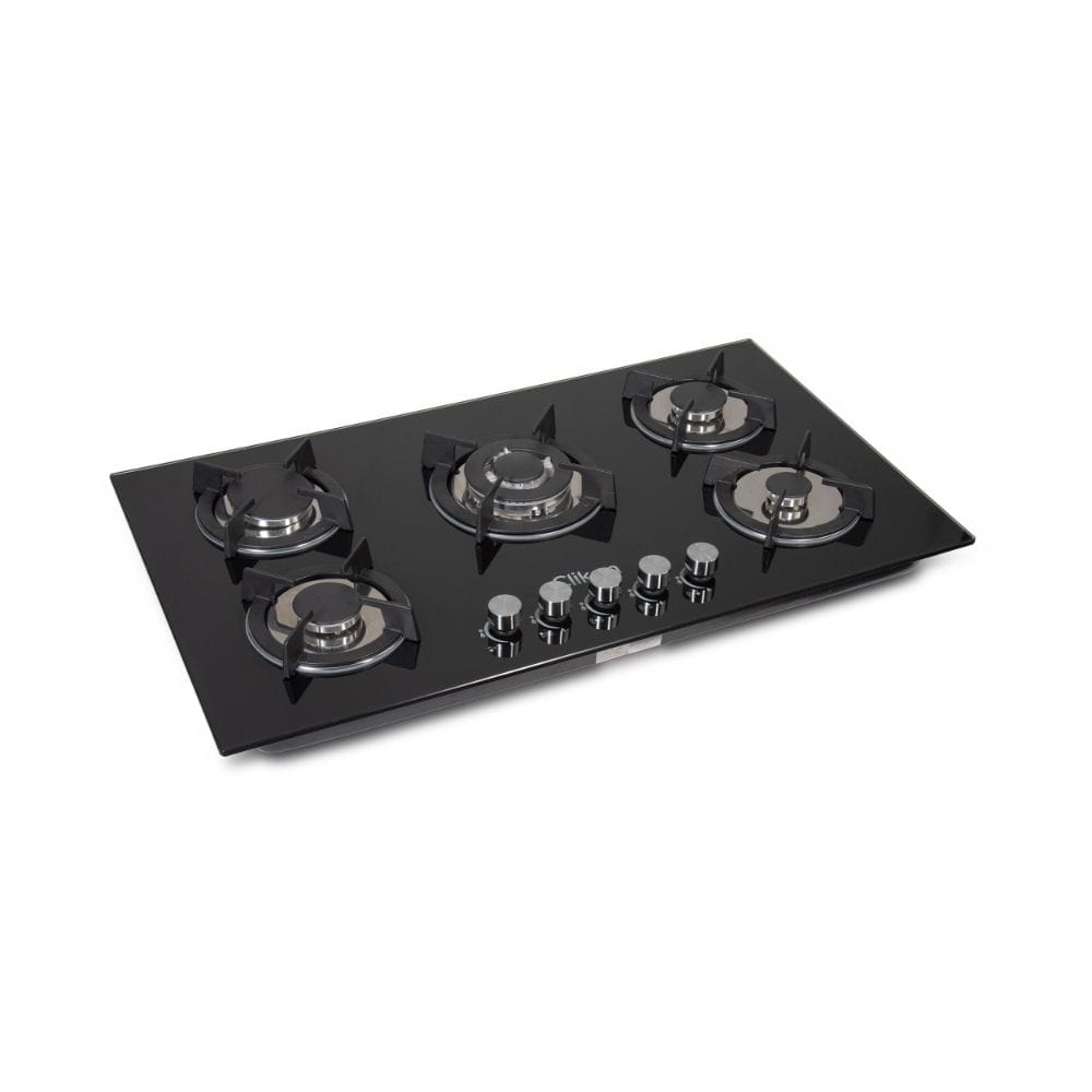 Clikon 5 Burner Gas Hob Stainless Steel Glass Top, Auto Ignition System, Heavy Duty Pan Support | Black/Silver - CK4297