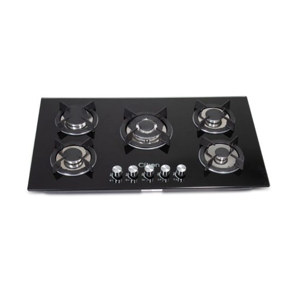 Clikon 5 Burner Gas Hob Stainless Steel Glass Top, Auto Ignition System, Heavy Duty Pan Support | Black/Silver - CK4297