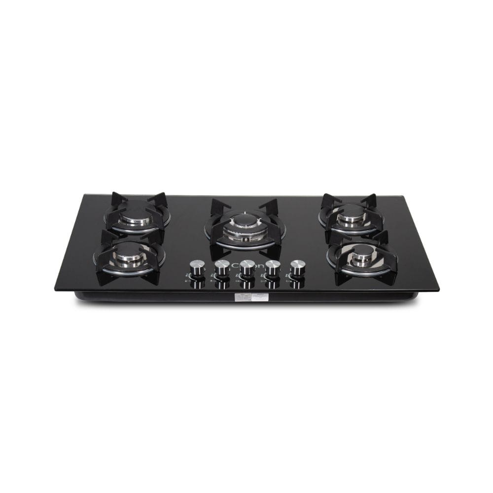 Clikon 5 Burner Gas Hob Stainless Steel Glass Top, Auto Ignition System, Heavy Duty Pan Support | Black/Silver - CK4297