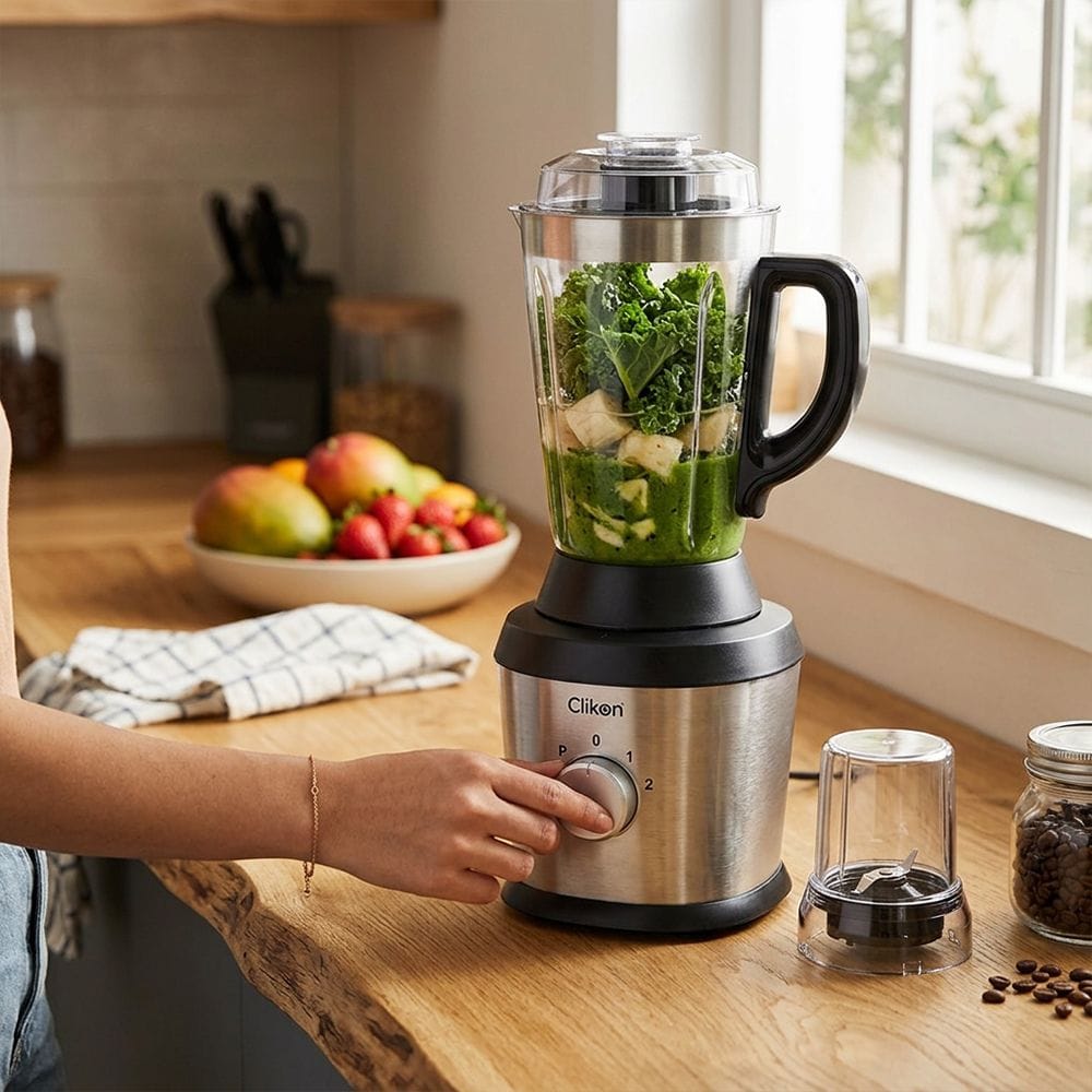 Clikon 2-in-1 Blender 600W Stainless Steel Big Jar, Multi-Speed Control, Durable Stainless Steel Blades | Stainless Steel/Black - CK2694