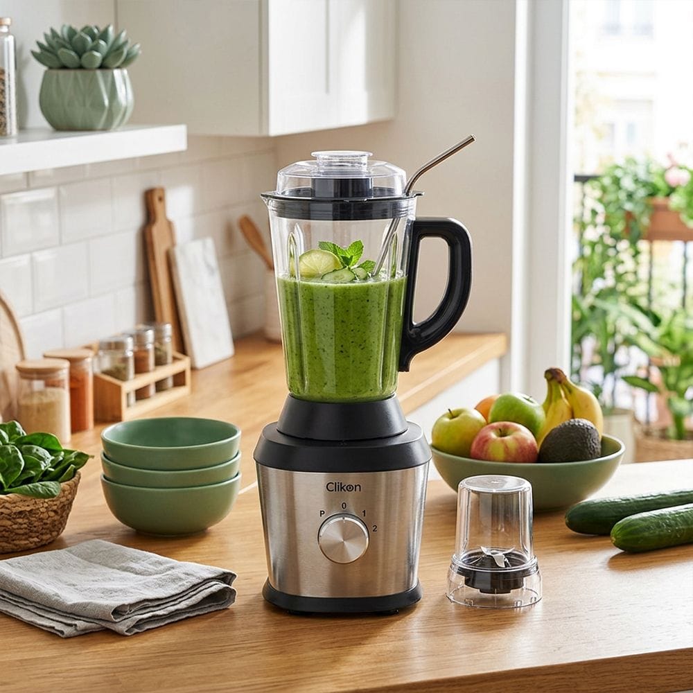 Clikon 2-in-1 Blender 600W Stainless Steel Big Jar, Multi-Speed Control, Durable Stainless Steel Blades | Stainless Steel/Black - CK2694