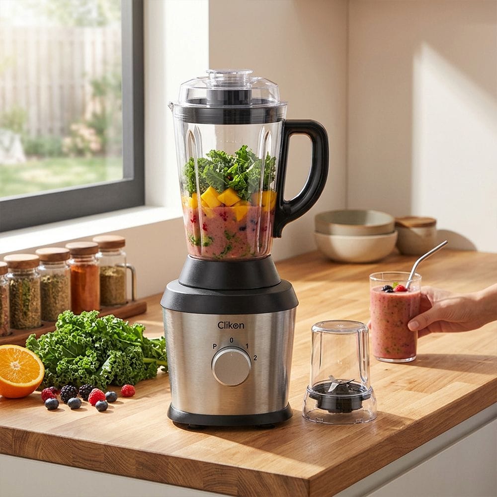 Clikon 2-in-1 Blender 600W Stainless Steel Big Jar, Multi-Speed Control, Durable Stainless Steel Blades | Stainless Steel/Black - CK2694