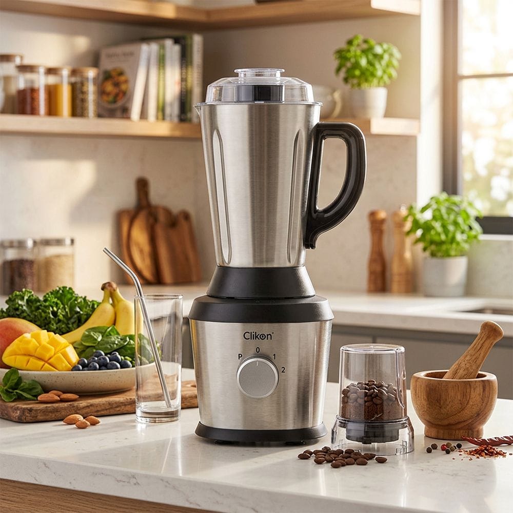 Clikon 2-in-1 Blender 600W Stainless Steel Big Jar, Multi-Speed Control, Durable Stainless Steel Blades | Stainless Steel/Black - CK2694