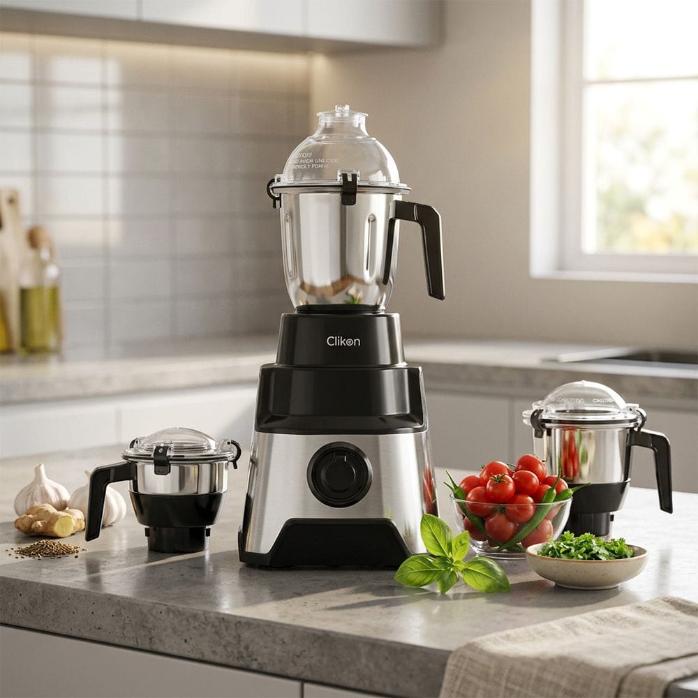 Clikon 3-in-1 Indian Mixer Grinder 1000W Stainless Steel Body, Heavy Duty Motor, Multi-Jar Grinding System | Black/Stainless Steel - CK1204