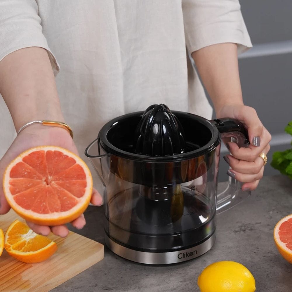 Clikon Citrus Juicer 40W 0.75L Double Cone Extraction, Auto Reverse Function, Detachable Pulp Filter | Black/Transparent - CK2687
