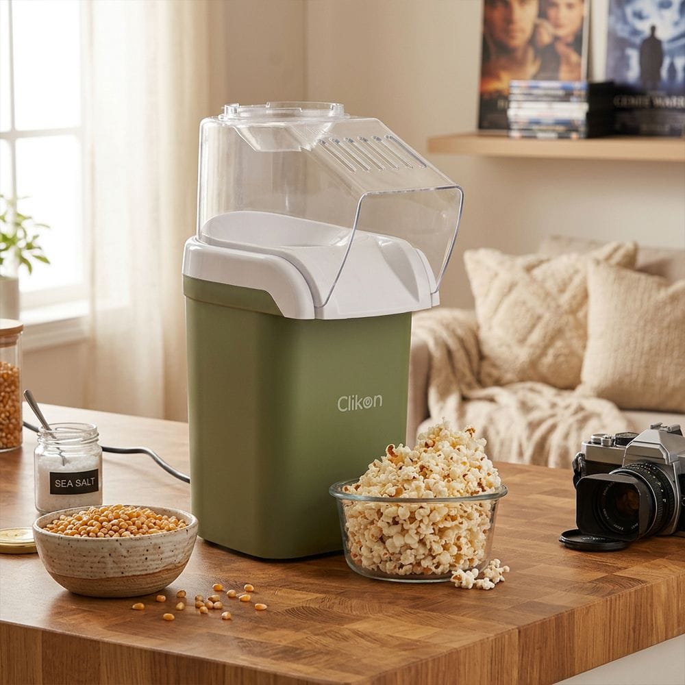 Clikon Popcorn Maker 1200W Hot Air Popping System, Oil-Free Healthy Snack Maker, Easy One-Touch Operation | Green/Black - CK2712