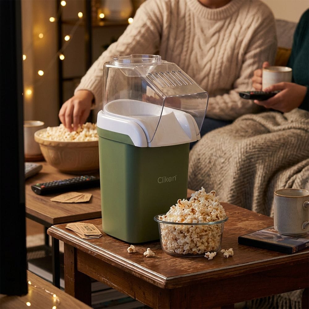 Clikon Popcorn Maker 1200W Hot Air Popping System, Oil-Free Healthy Snack Maker, Easy One-Touch Operation | Green/Black - CK2712