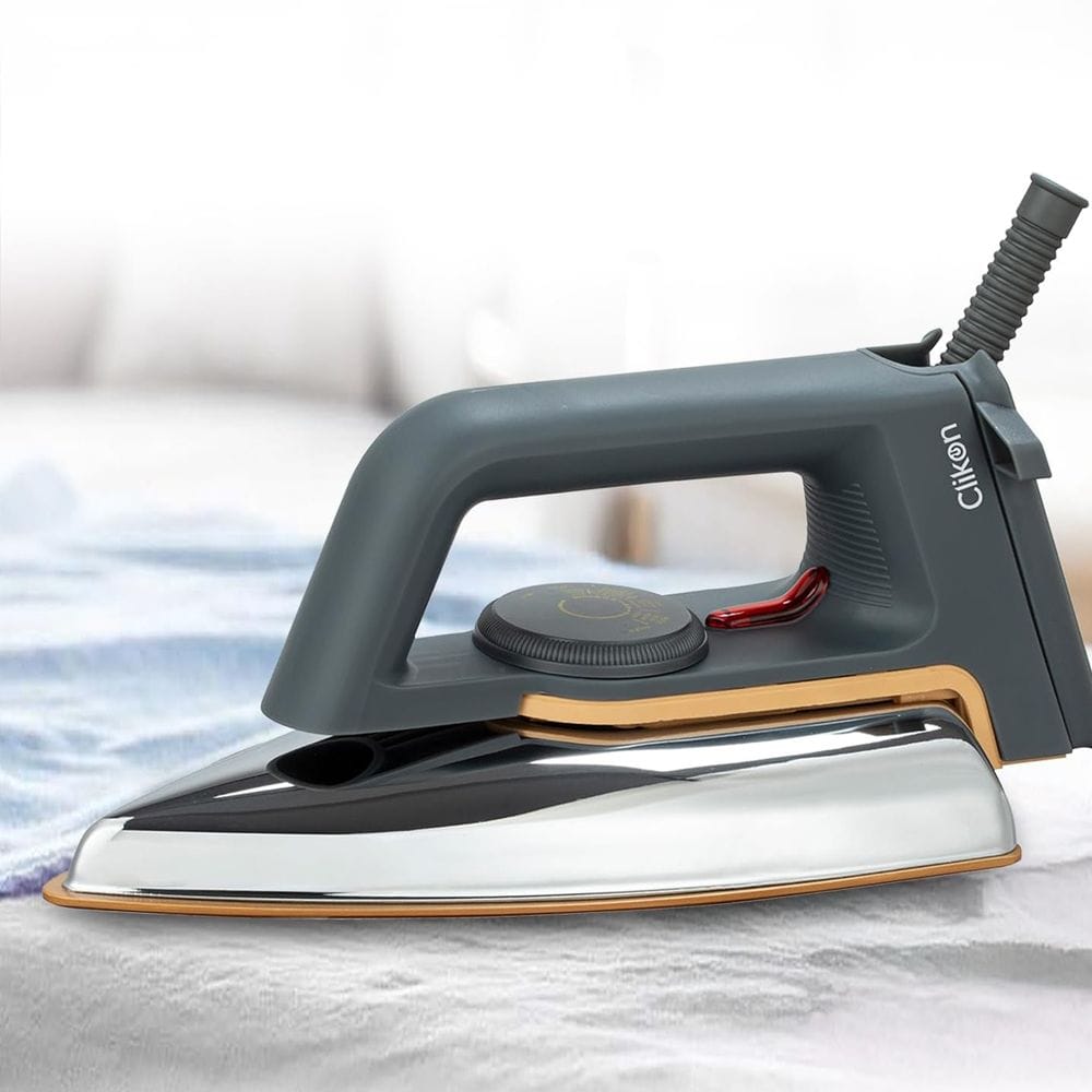 Clikon Medium Heavy Dry Iron 1.1KG 1000-1200W Non-Stick Soleplate, Adjustable Temperature Control, Fast Heating | Dark Grey/Silver - CK4137