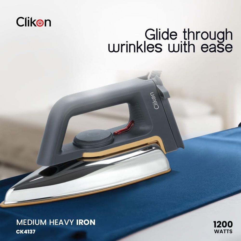 Clikon Medium Heavy Dry Iron 1.1KG 1000-1200W Non-Stick Soleplate, Adjustable Temperature Control, Fast Heating | Dark Grey/Silver - CK4137
