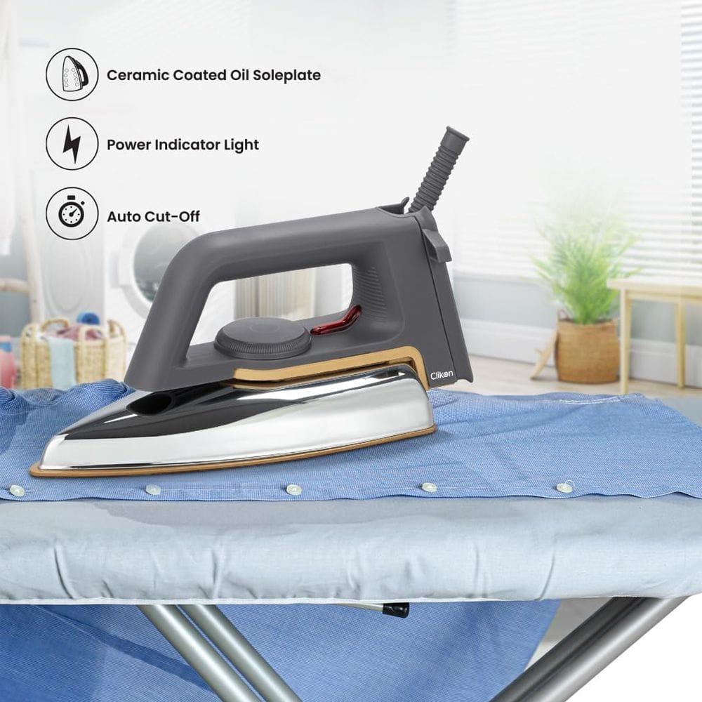 Clikon Medium Heavy Dry Iron 1.1KG 1000-1200W Non-Stick Soleplate, Adjustable Temperature Control, Fast Heating | Dark Grey/Silver - CK4137