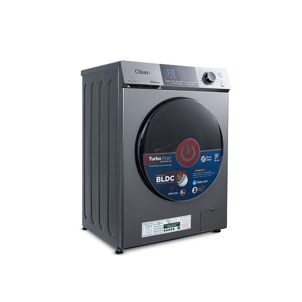 Clikon Front Load Washing Machine 8KG BLDC Motor, Multiple Wash Programs, Energy Efficient Performance | Dark Grey/Black - CK681