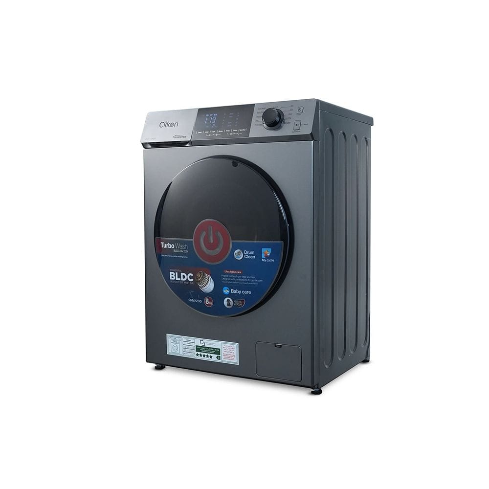 Clikon Front Load Washing Machine 8KG BLDC Motor, Multiple Wash Programs, Energy Efficient Performance | Dark Grey/Black - CK681