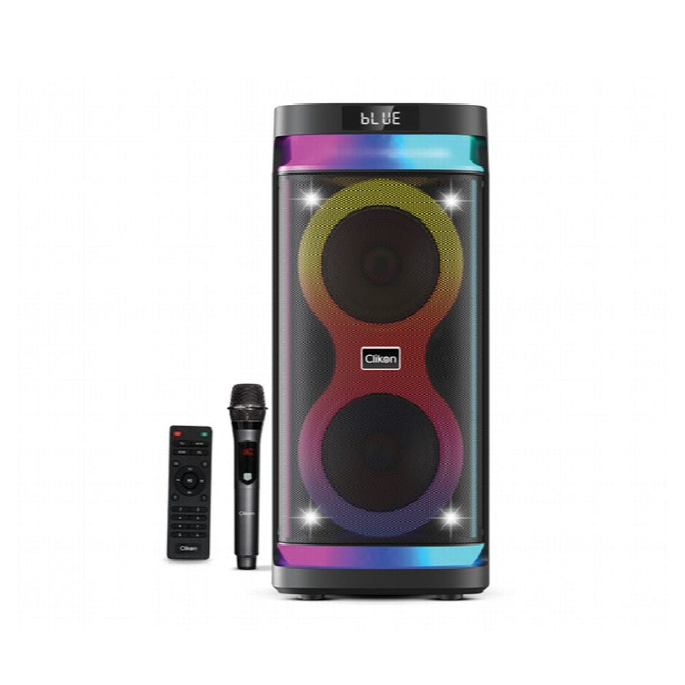 Clikon Rechargeable Party Box Speaker 6.5" Dual Drivers, Wireless Microphone, LED Light Effects, Karaoke Function | Black - CK877