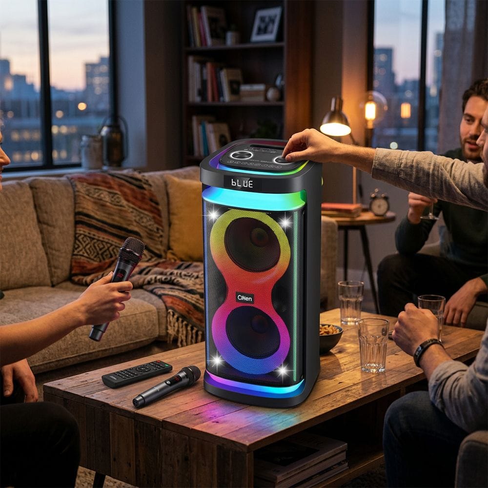 Clikon Rechargeable Party Box Speaker 6.5" Dual Drivers, Wireless Microphone, LED Light Effects, Karaoke Function | Black - CK877