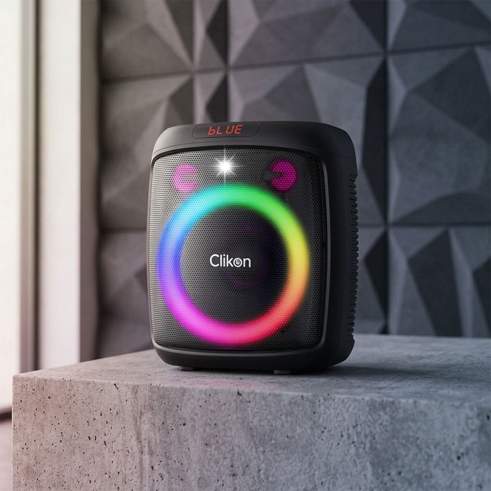 Clikon Rechargeable Party Speaker 8" + 2x2" Drivers, Wireless Mic, Dynamic Light Show, Karaoke Function | Black - CK879