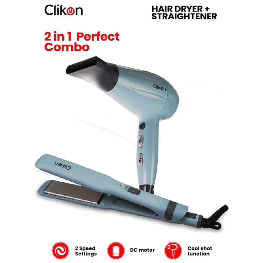 Clikon Hair Dryer & Hair Straightener Combo Professional Styling Set, Fast Heating Technology, Adjustable Temperature Control | Pastel Blue/Gray - CK3325