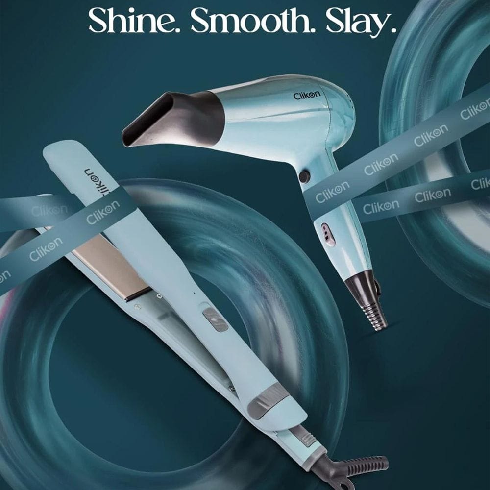 Clikon Hair Dryer & Hair Straightener Combo Professional Styling Set, Fast Heating Technology, Adjustable Temperature Control | Pastel Blue/Gray - CK3325