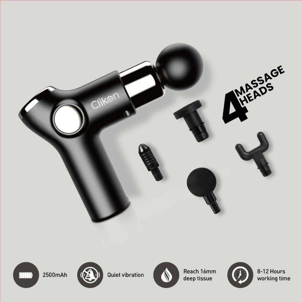 Clikon Percussion Muscle Massager Deep Tissue Massage Gun, Multiple Speed Modes, Rechargeable Portable Recovery Device | Matte Black/Silver - CK4042