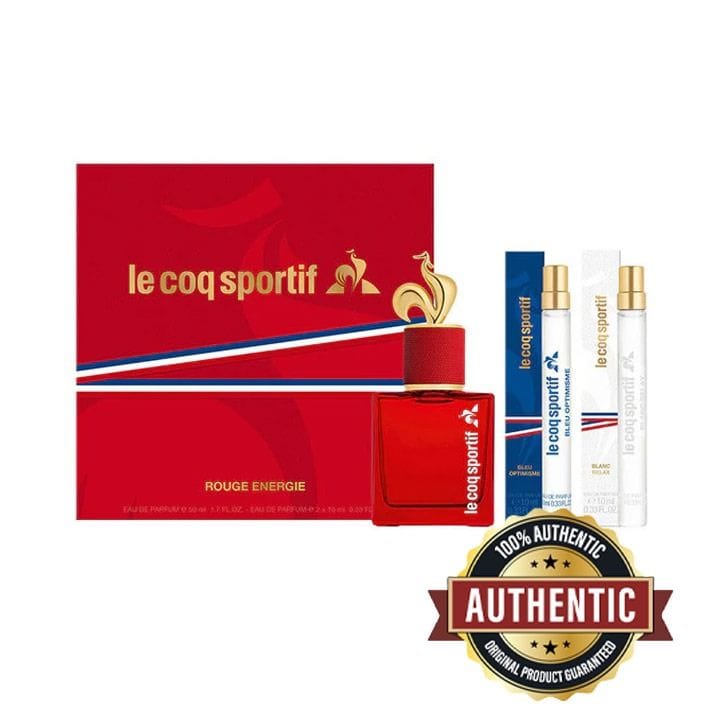 Le Coq Sportif Rouge Énergie Unisex Eau de Parfum Gift Set – 50ml EDP + 2×10ml Travel Spray Cherry, Pink Berries, Peony & Vanilla Floral Fruity Fragrance | LCS300008