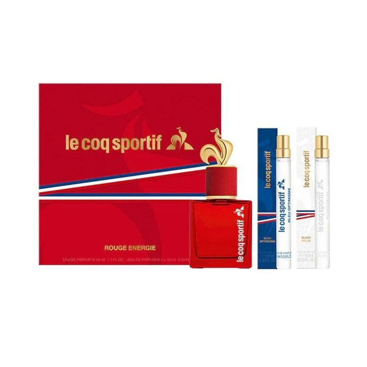 Le Coq Sportif Rouge Énergie Unisex Eau de Parfum Gift Set – 50ml EDP + 2×10ml Travel Spray Cherry, Pink Berries, Peony & Vanilla Floral Fruity Fragrance | LCS300008