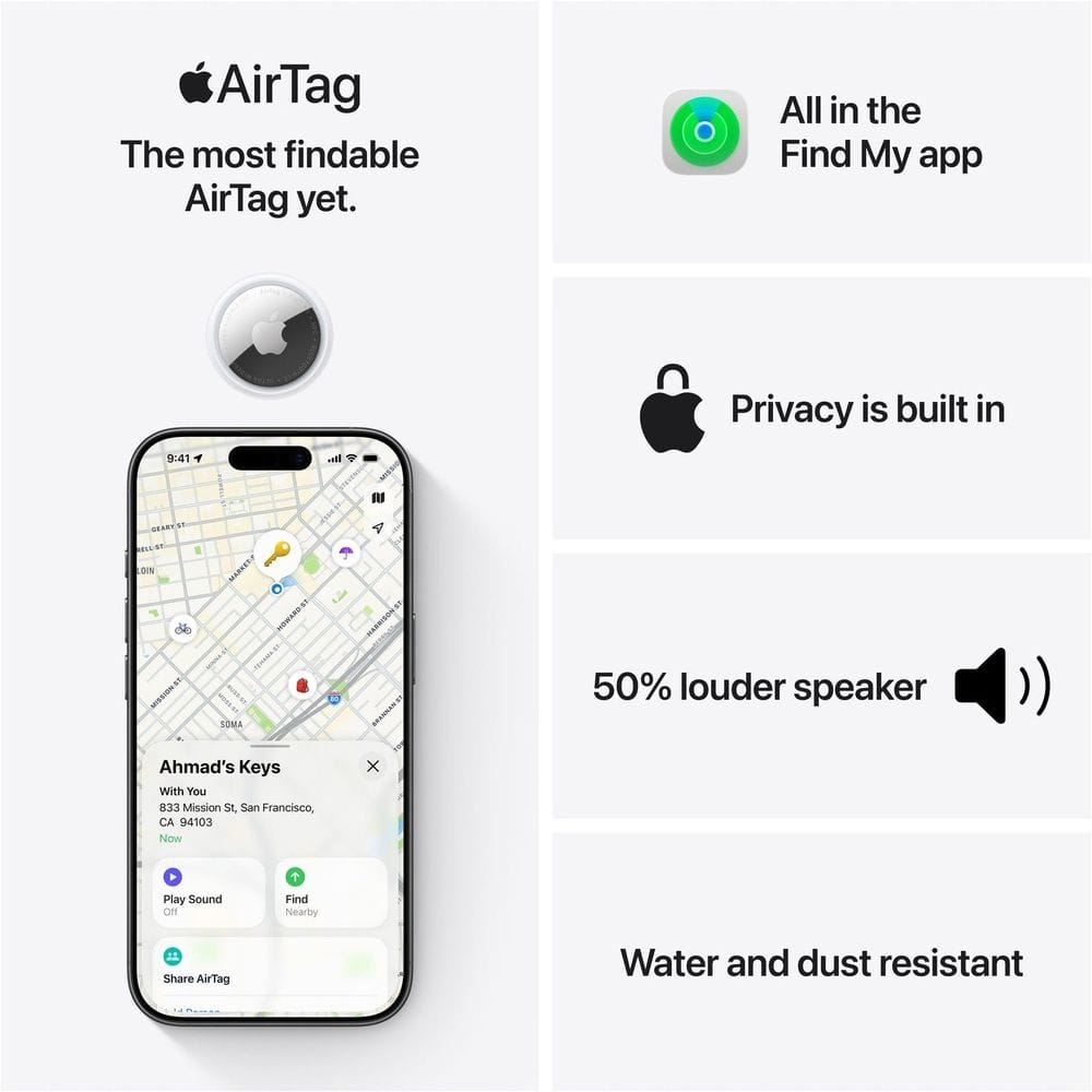 Apple AirTag (2nd Generation) 4 Pack Item Tracker, Precision Finding, Find My Network, Built-in Speaker & Privacy Protection | White - MFEA4ZF/A