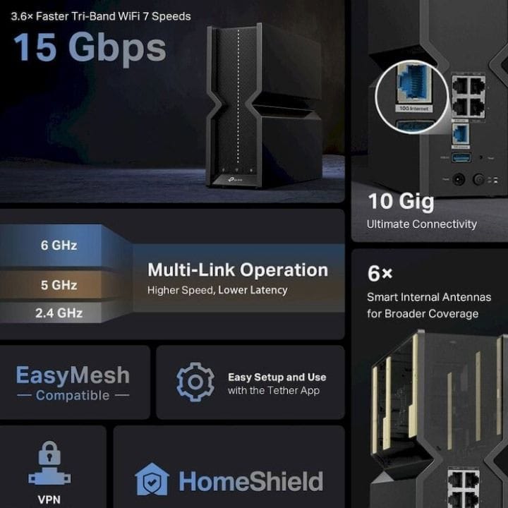 TP-Link Archer BE15000 Tri-Band Wi-Fi 7 Router – 15Gbps Speed, 6GHz Band, Multi-Link Operation, 10G WAN & EasyMesh Smart Home Network | Black