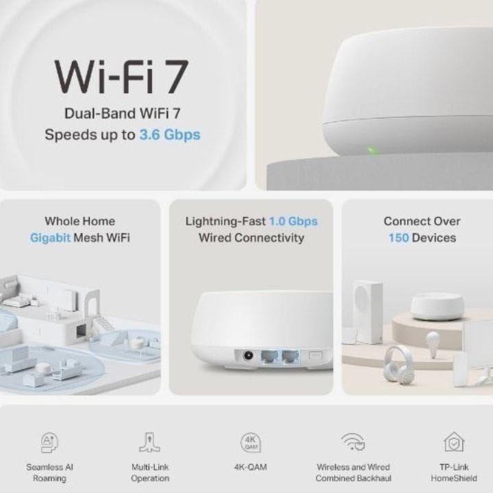 TP-Link Deco BE25 BE3600 Whole Home Mesh Wi-Fi 7 System (3-Pack) – 3.6Gbps Dual-Band, Multi-Link Operation, 2.5G Ports & AI Roaming | White